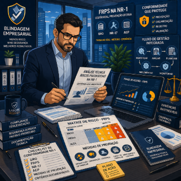 Gestor empresarial analisando riscos psicossociais na NR-1 com documentos, checklist e matriz de risco em ambiente corporativo