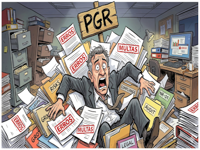 Caricatura de empresário em pânico soterrado por papéis com erros no PGR e multas.